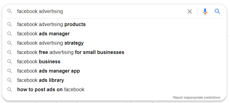 Google keyword suggestions for to research interest-based Facebook audiences